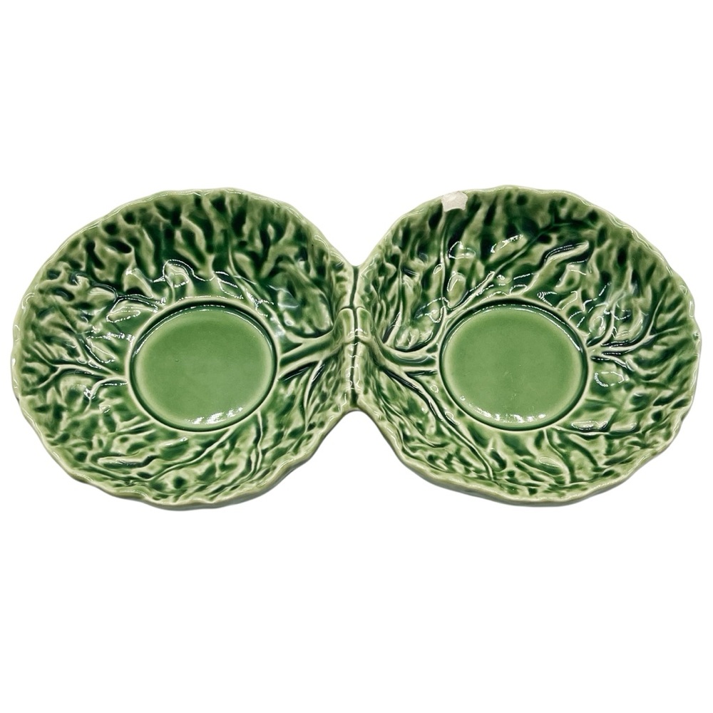 Bordallo Pinheiro green cabbage double serving dish Majolica divided tray